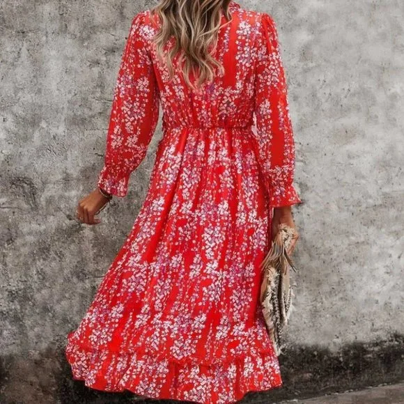 Red Floral Ditsy Ruffle Hem Dress Shabby Chic Cottagecore - Picture 3 of 5